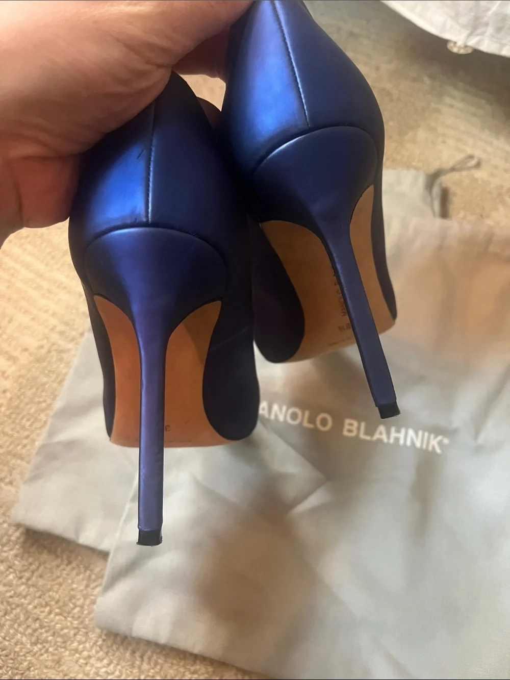 Manolo Blahnik Navy Satin Pointed-Toe Pumps